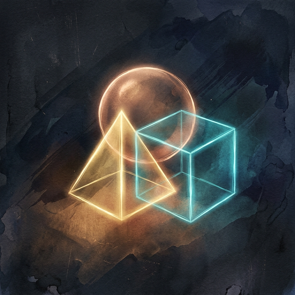 A beautiful minimalist digital art illustration showing three glowing geometric shapes intersecting under soft, colorful lighting.