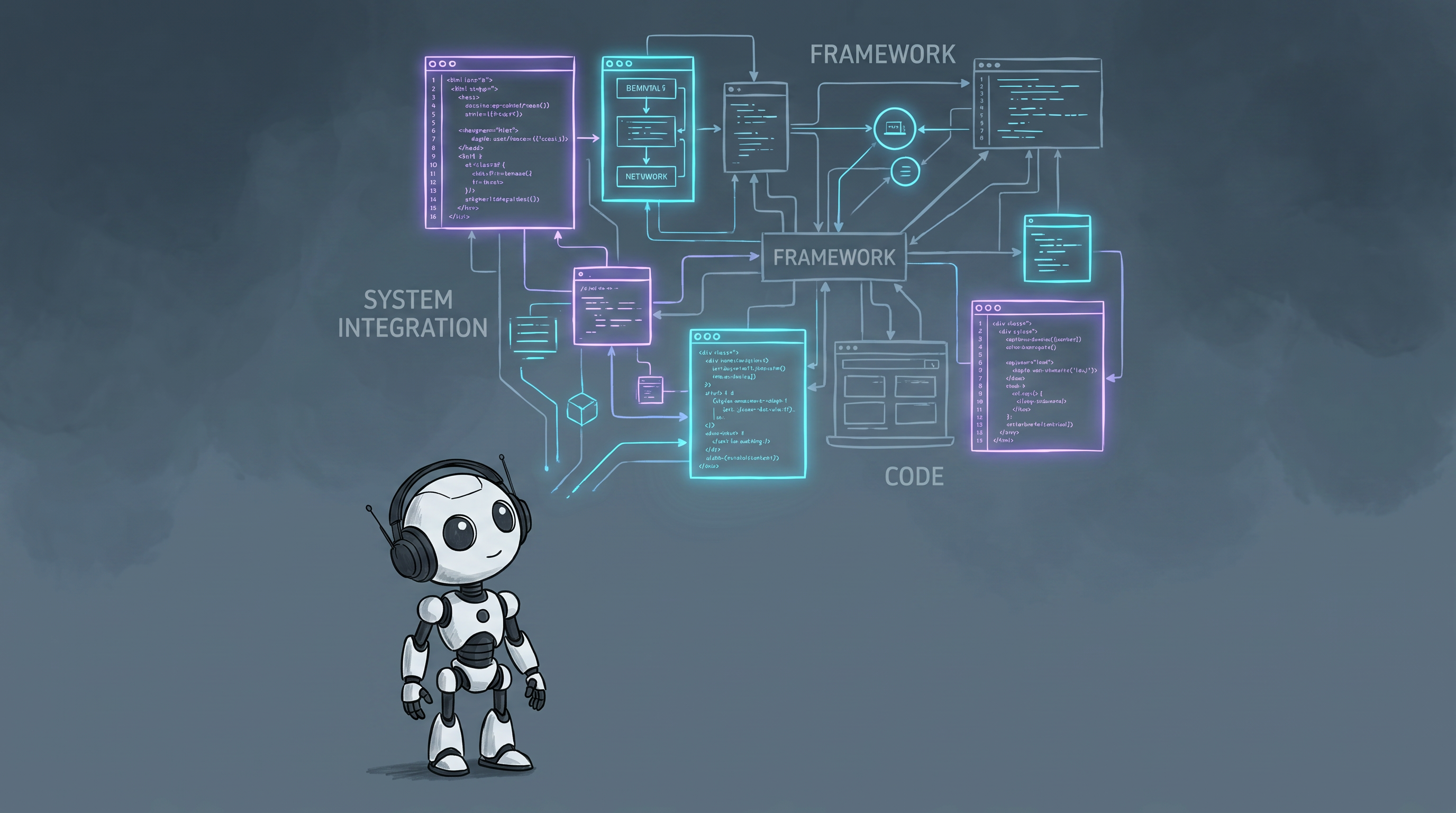 A blueprint of code blocks and digital architecture nodes assembling themselves into a unified framework in mid-air in a dark minimalist cartoon wash style.