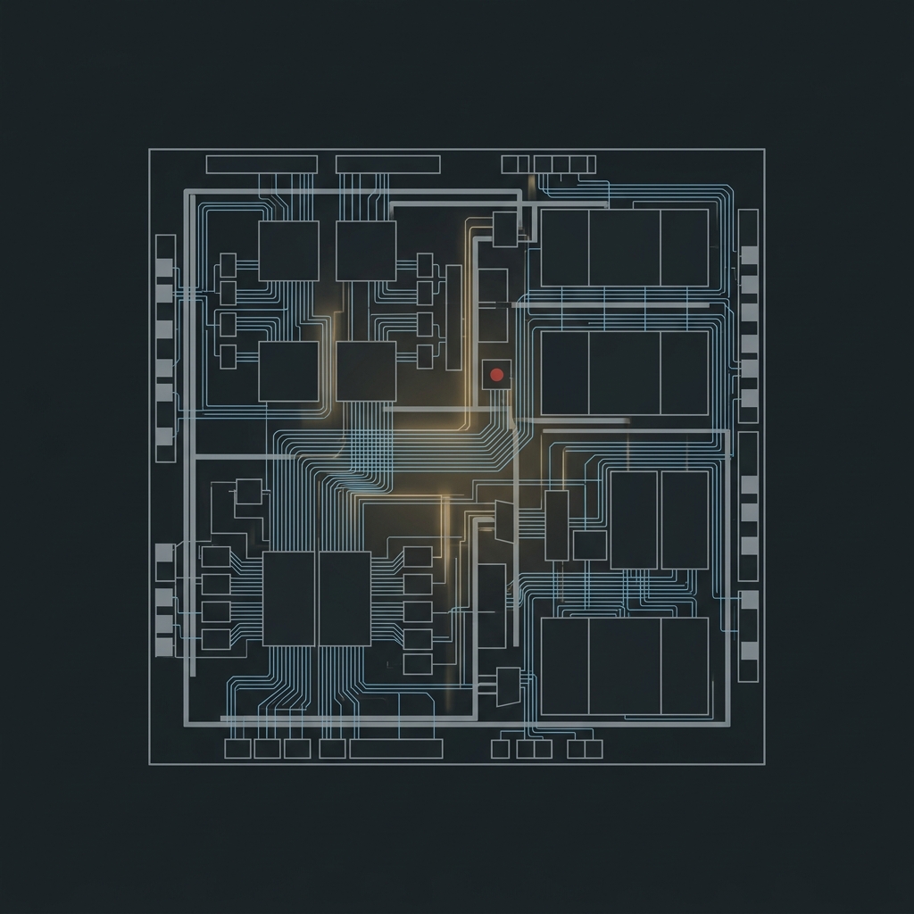 A dark editorial close-up macro illustration of a futuristic silicon microchip wafer with glowing copper traces.