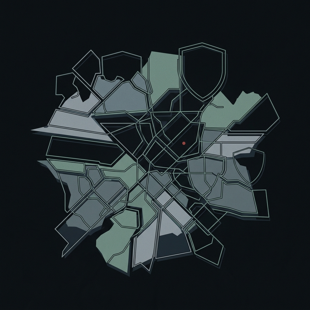 A dark editorial minimalist diagram of fragmented geographic zones and overlapping compliance boundaries.