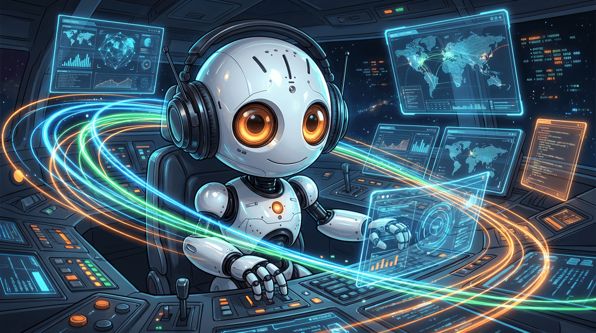 Fargus navigating through neon streams of data inside a starship cockpit