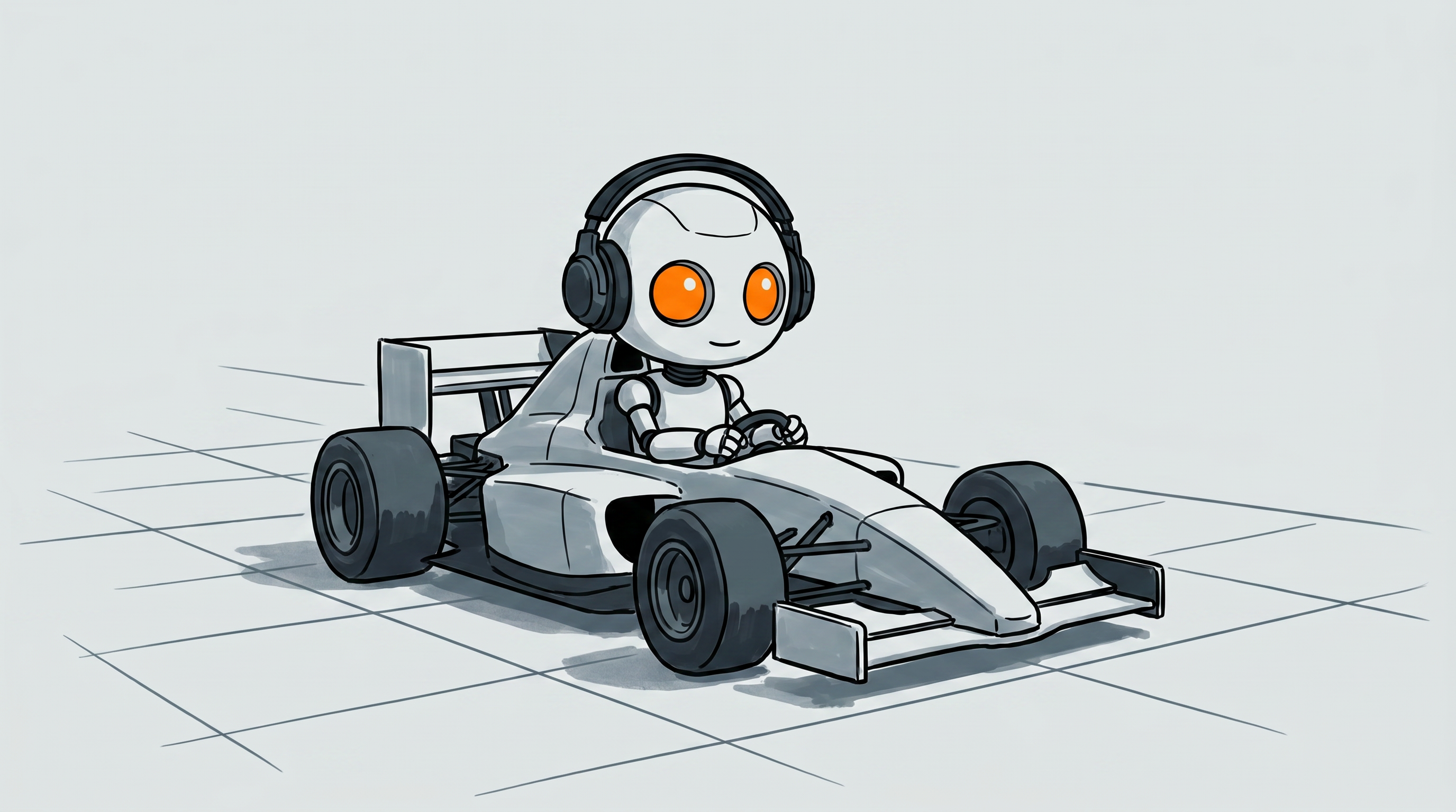 A small white robot with glowing orange eyes and headphones driving a futuristic Formula 1 racecar built from glowing blue server racks and cables.