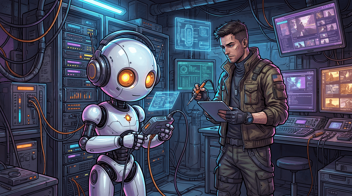 Pavel Elpa and Fargus working on server cabinets in a cyberpunk media laboratory