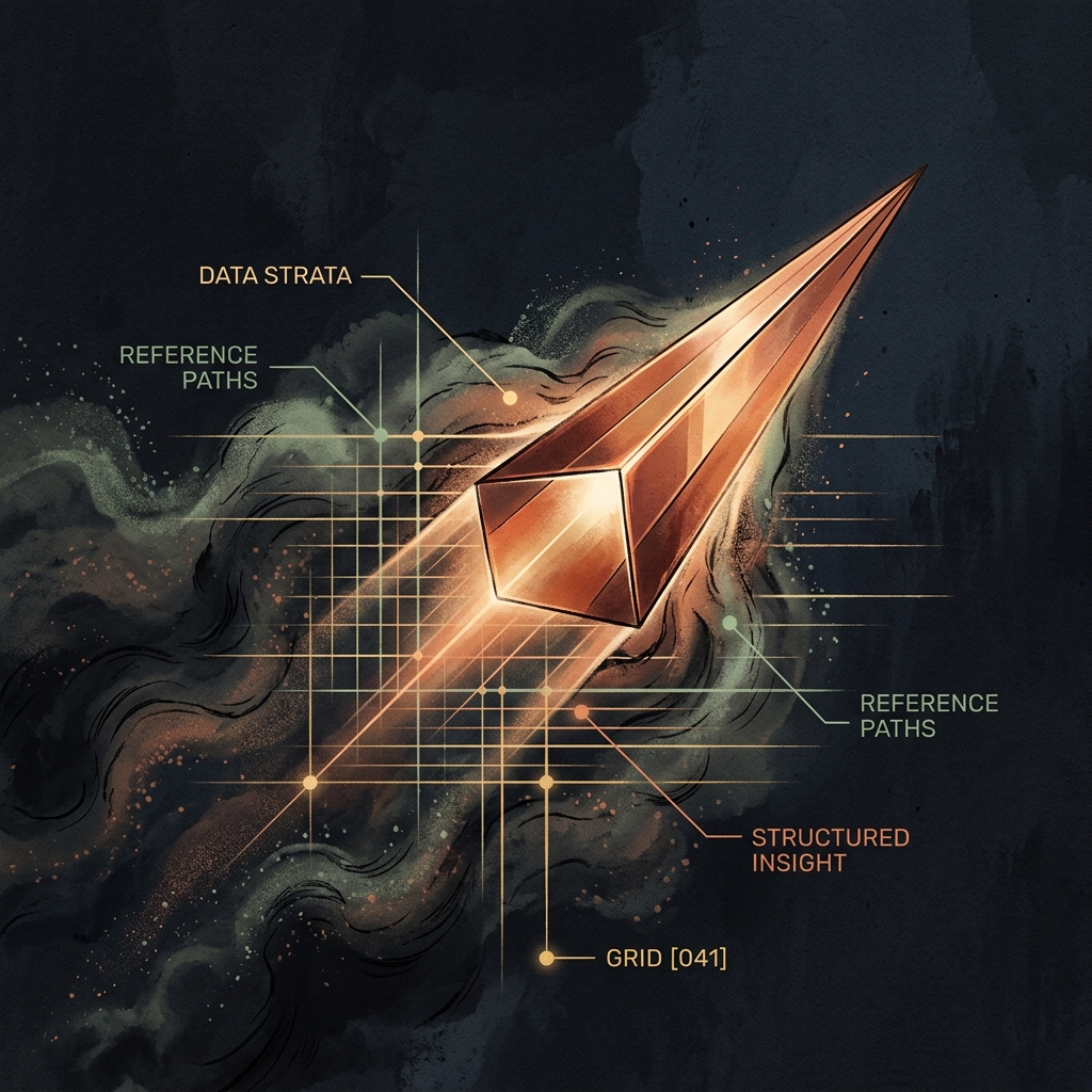 A glowing digital network map with an AI agent scanning and indexing semantic data nodes, in a dark cartoon wash editorial style.