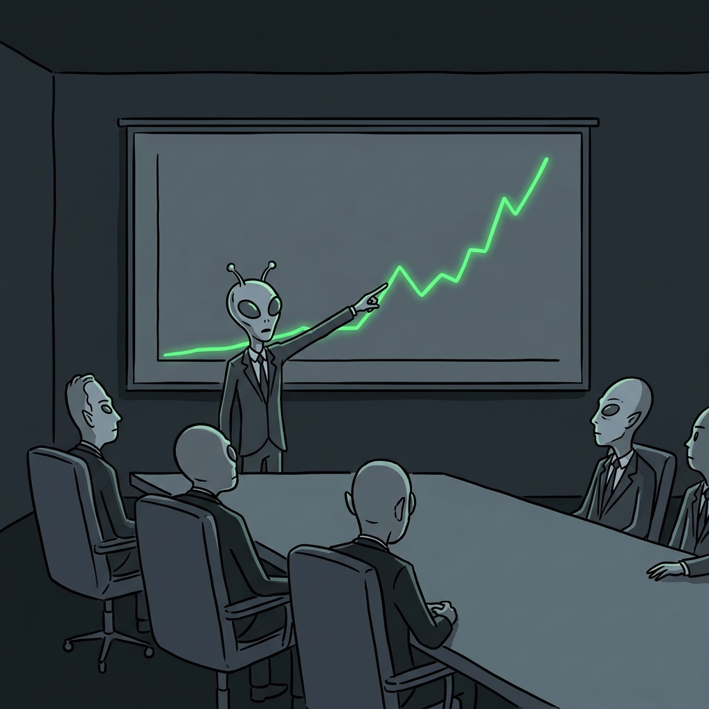An alien pointing to a rising click-through rate metric line graph in a dark boardroom