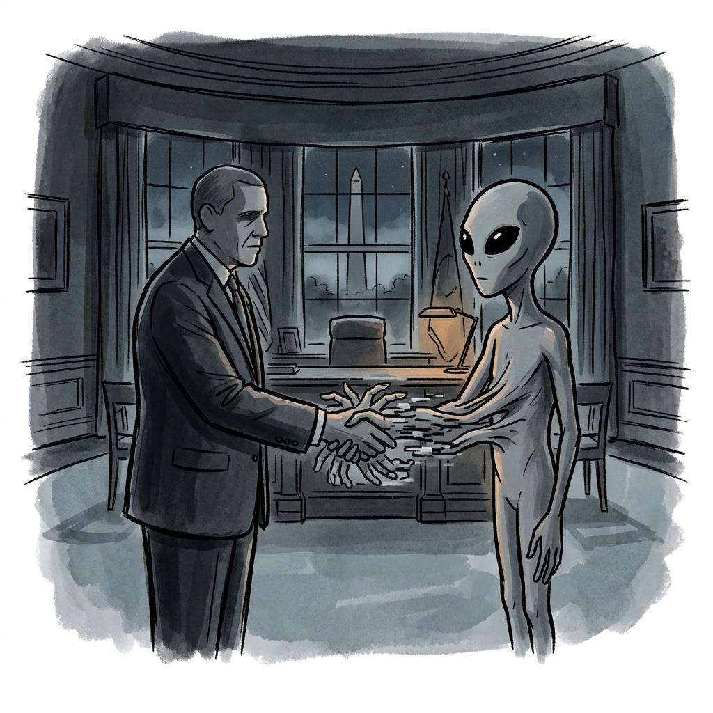 A cartoon president shaking hands with an alien in the Oval Office with extra fingers and texture blending glitches