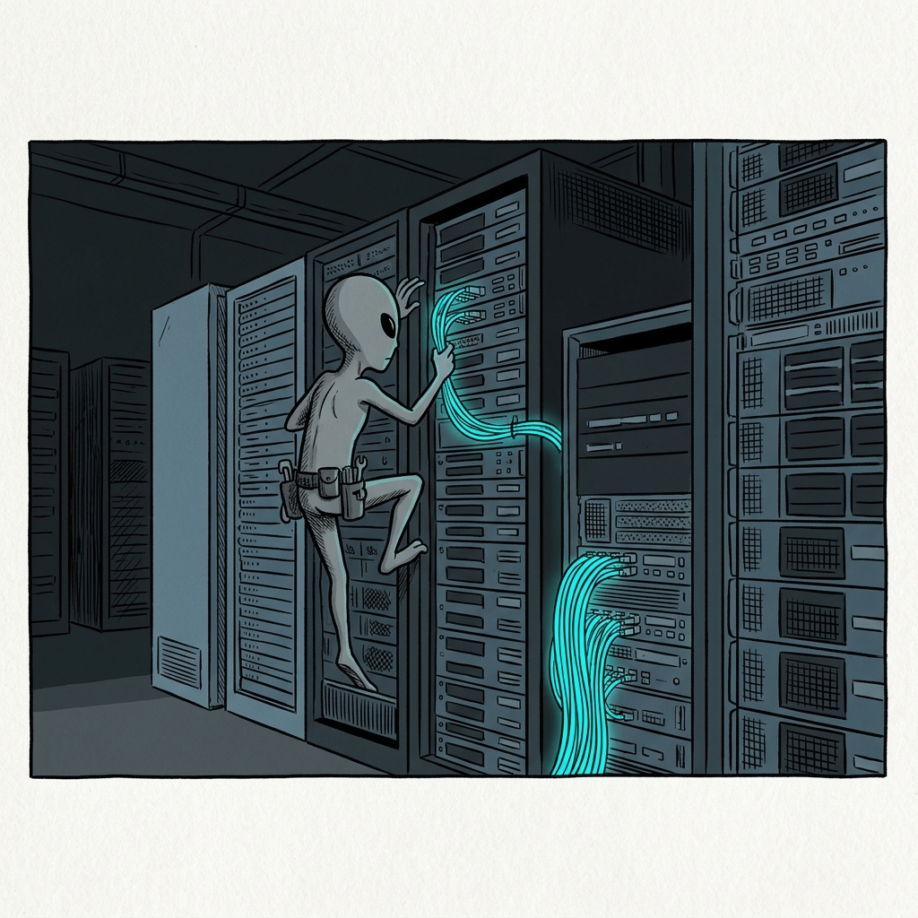 A grey alien tech support engineer climbing server racks in a dark computer server room