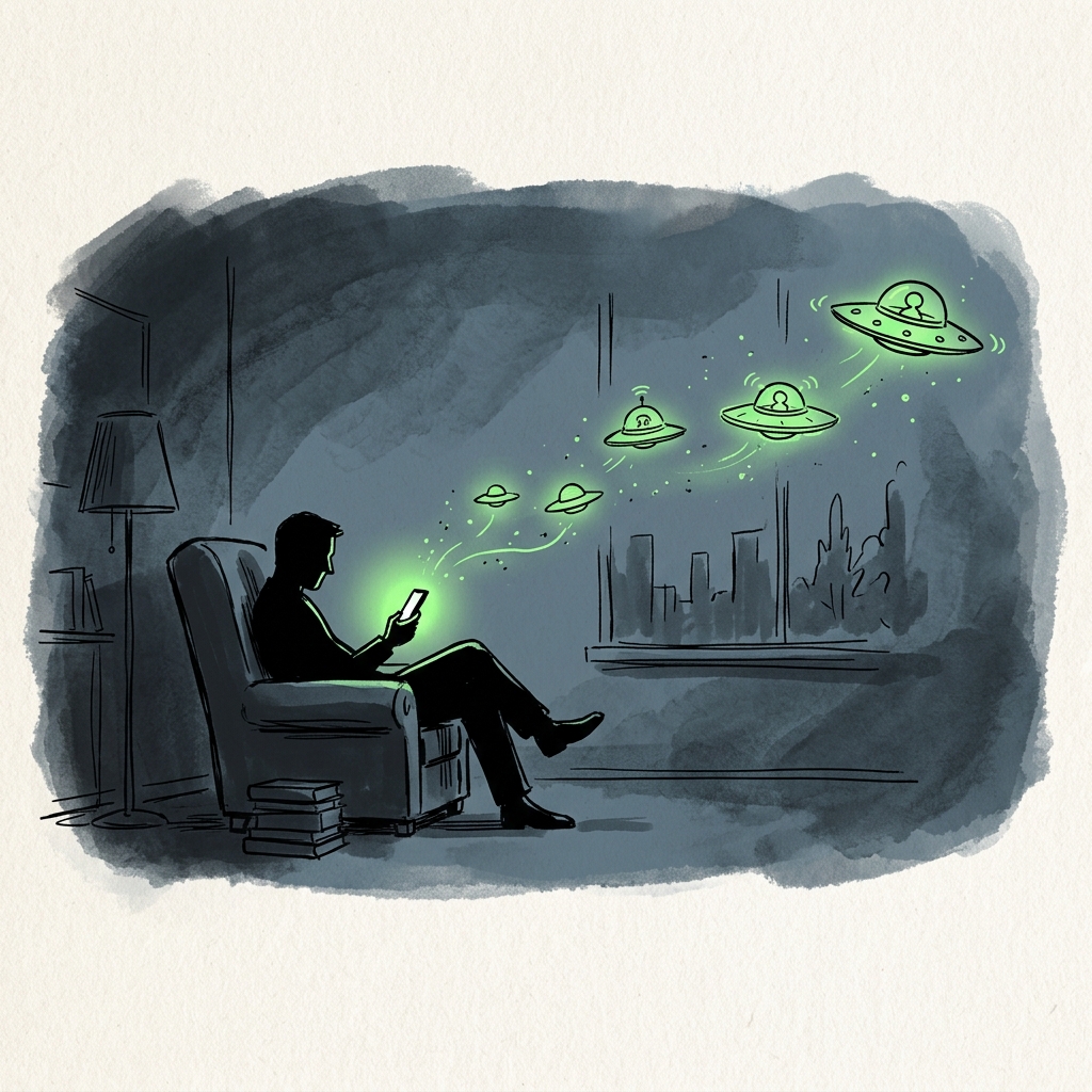 A silhouette of a user in an armchair looking at their phone screen as tiny green flying saucers float out