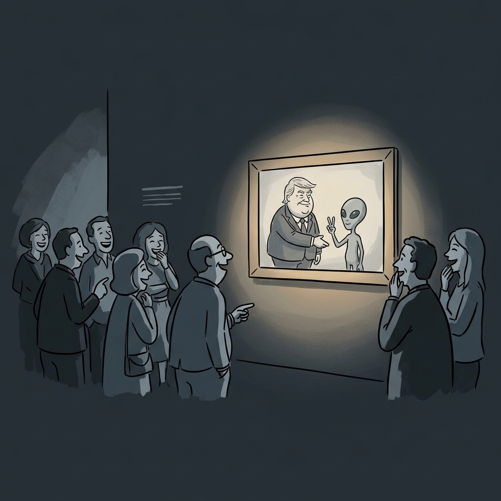 Art gallery visitors in a dark hall laughing at a framed painting of an alien-president handshake