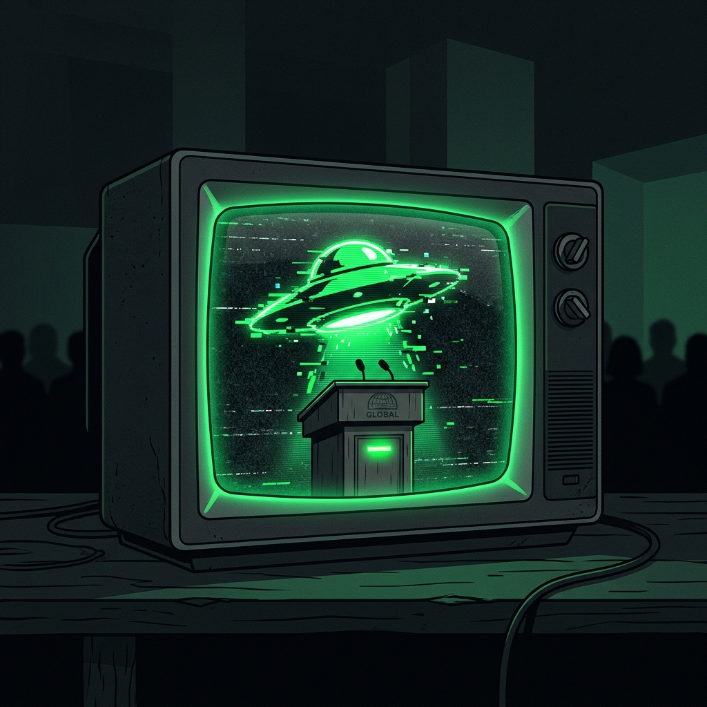 A dark editorial minimalist retro television showing a glowing neon green outline of a handshake between a human and an alien.