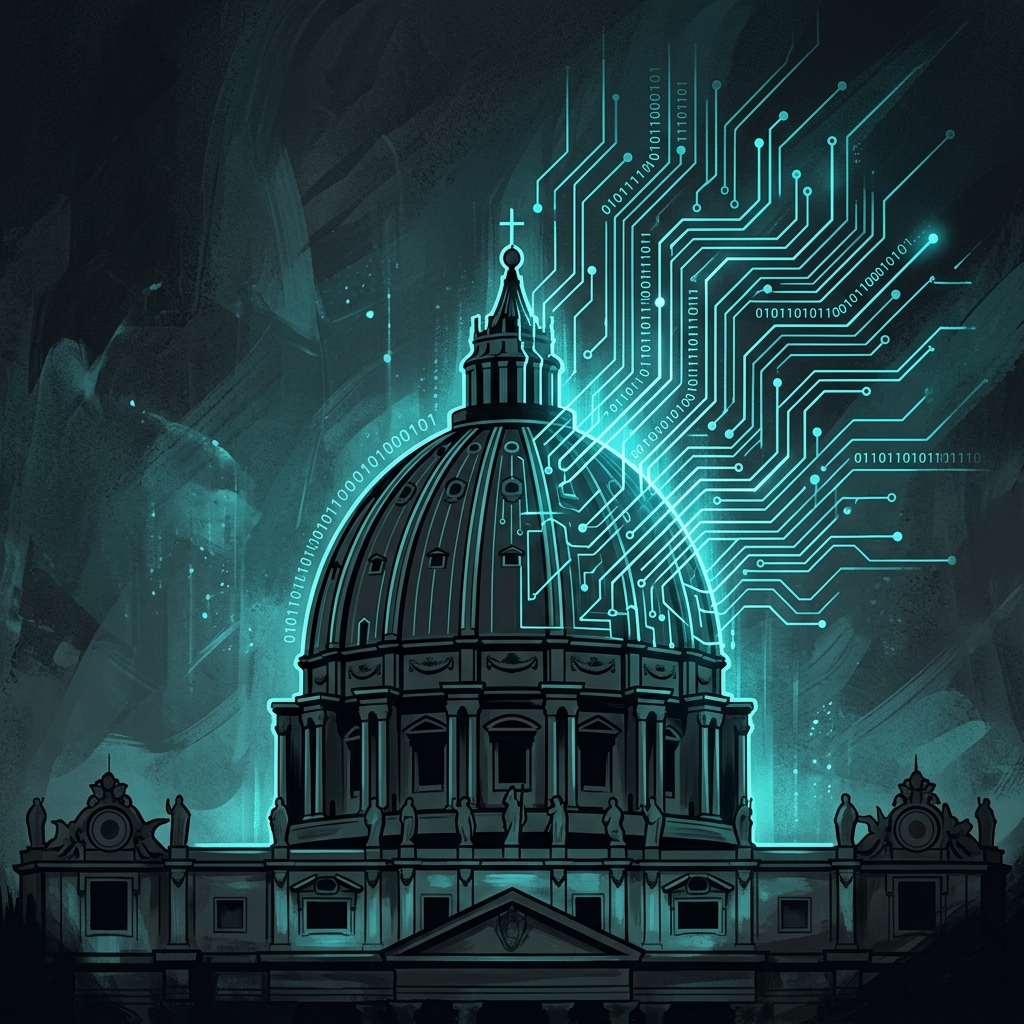 A minimalist digital representation of the Vatican dome merging with circuit board lines in a dark cartoon wash style.